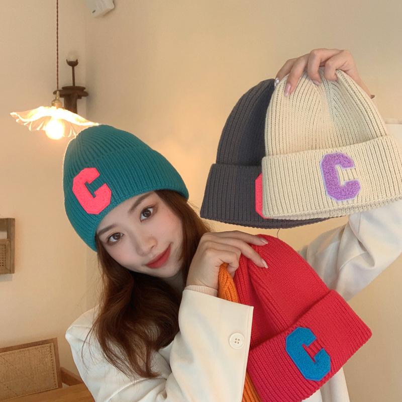 Korean Version Simple Large C Letter Wool Hat Autumn Hat Women New Age Reduction Warm Ear Protection Knit Hat Winter Student