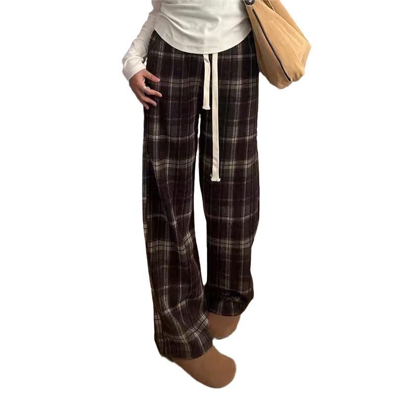 145cm Petite Plaid Wide-Leg Pants for Women – Autumn/Winter High-Waisted Drape Style