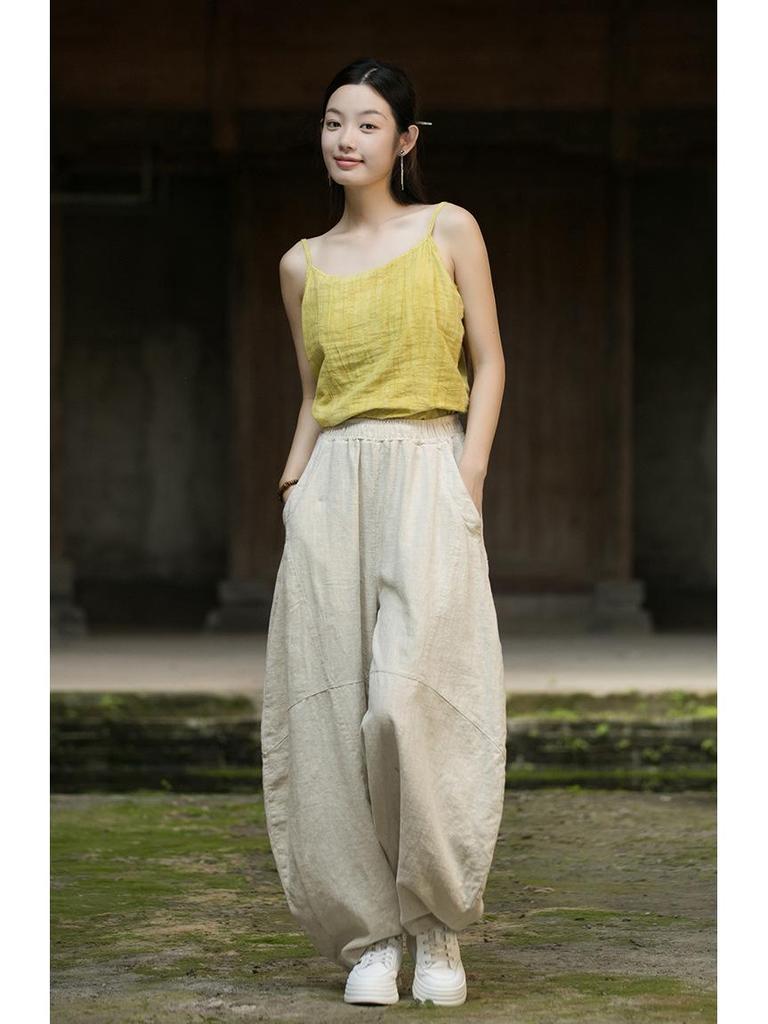 Pantaloni larghi a lanterna in ramiè effetto invecchiato da donna - Cotone e lino retrò per meditazione e Tai Chi