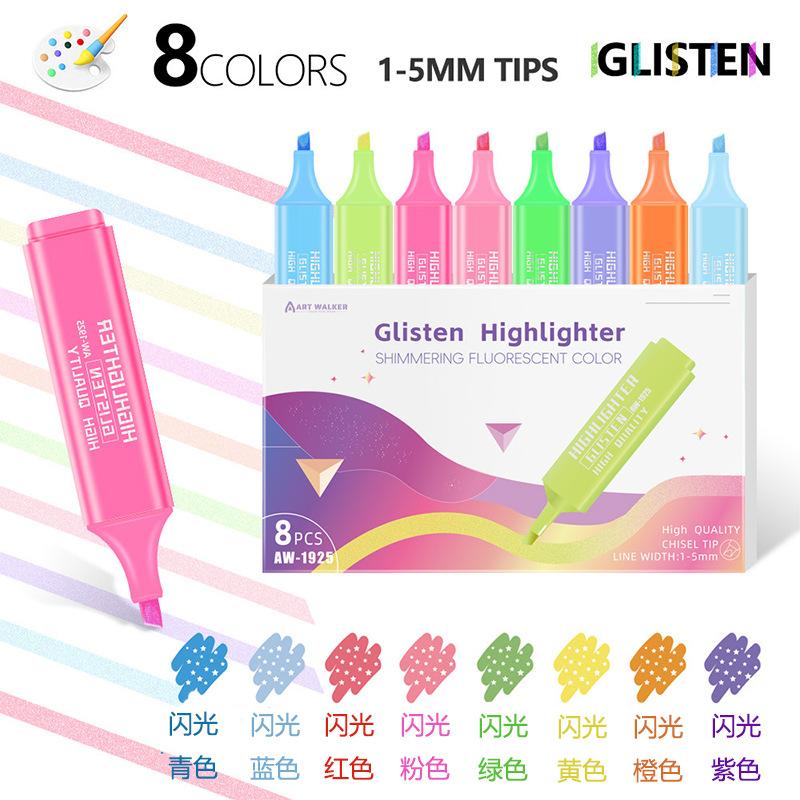 

8 Colors Pastel Macaron Glitter Highlighter Pen Set Shining Fluorescent Markers Kawaii Cute Stationery School Supplies