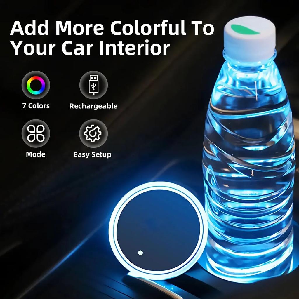 1/2pcs LED Car Cup Holder Lights, 3 Modes 7 Colors Charging Coaster Cup Pad, LED Interior Atmosphere Car Lamp Decoration