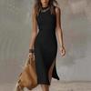 2026 European Women's Sleeveless Solid Color Knit Dress with High Slit