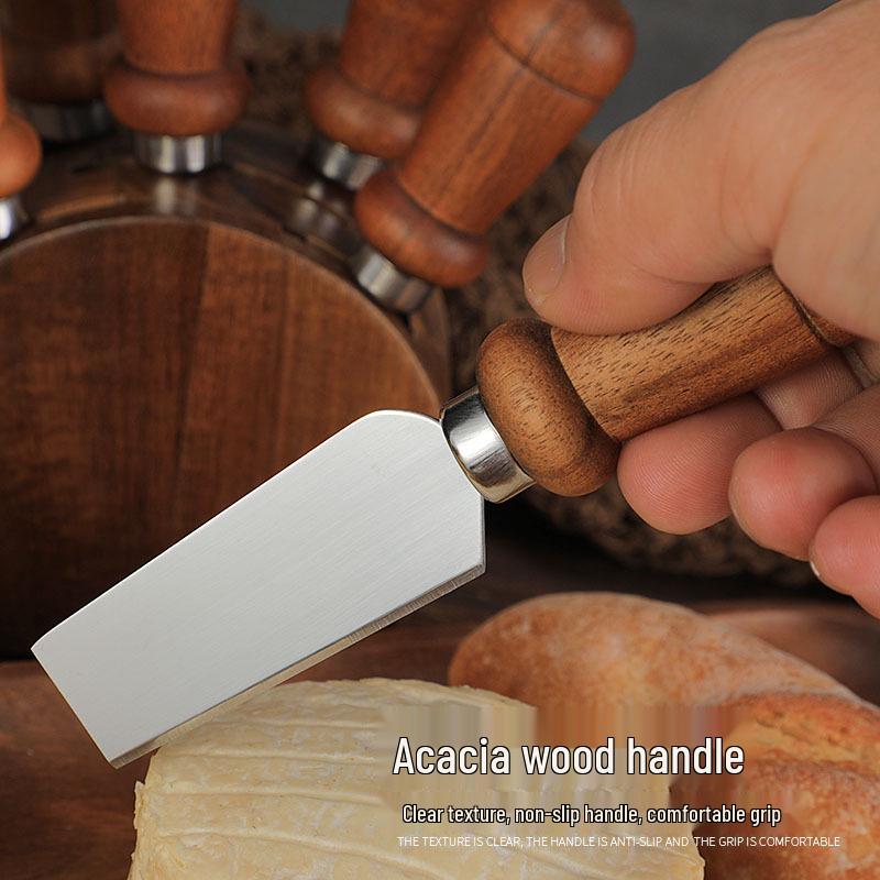 Acacia Wood Cheese Knife Set: Stainless Steel Knife, Fork, and Spatula with Storage Base