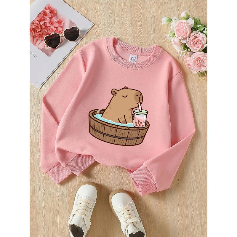 European sizes Crewneck Sweatshirt for Kids Featuring a Bear in a Bath with a Bubble Tea Machine. Perfect for Sports And Casual Outings