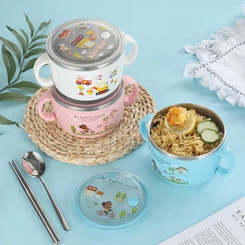 304 Stainless Steel Insulated Bowl for Kids Cute Cartoon Noodle Soup Bowl Large Capacity Lunchbox for Students Food Container