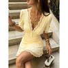 European Summer New French Temperament Elegant Simple Lace V-neck Short-sleeved Dress