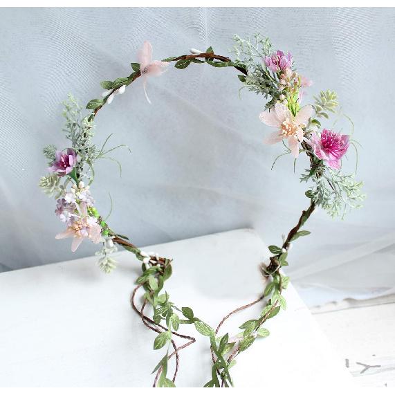 Vine Flower Crown Boho Flower Headband Hair Wreath Floral Halo Headpiece with Ribbon Wedding Party Photos Rosy