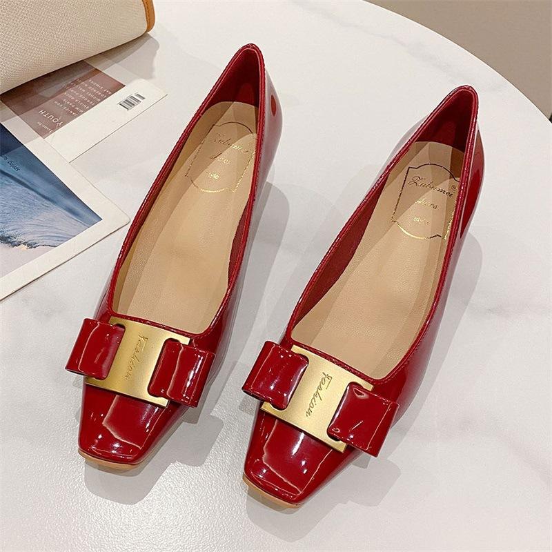 Chaussures simples à talons épais et bout carré pour femmes, chaussures de travail professionnelles en cuir verni à talons hauts français pour printemps et été