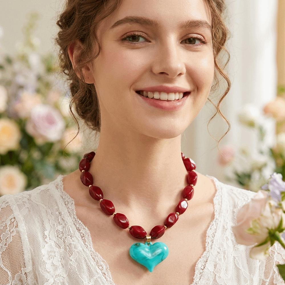 Colorful Heart Pendant Necklace Multi-Color Statement Jewelry Unique Bead Choker  Vacation Wear