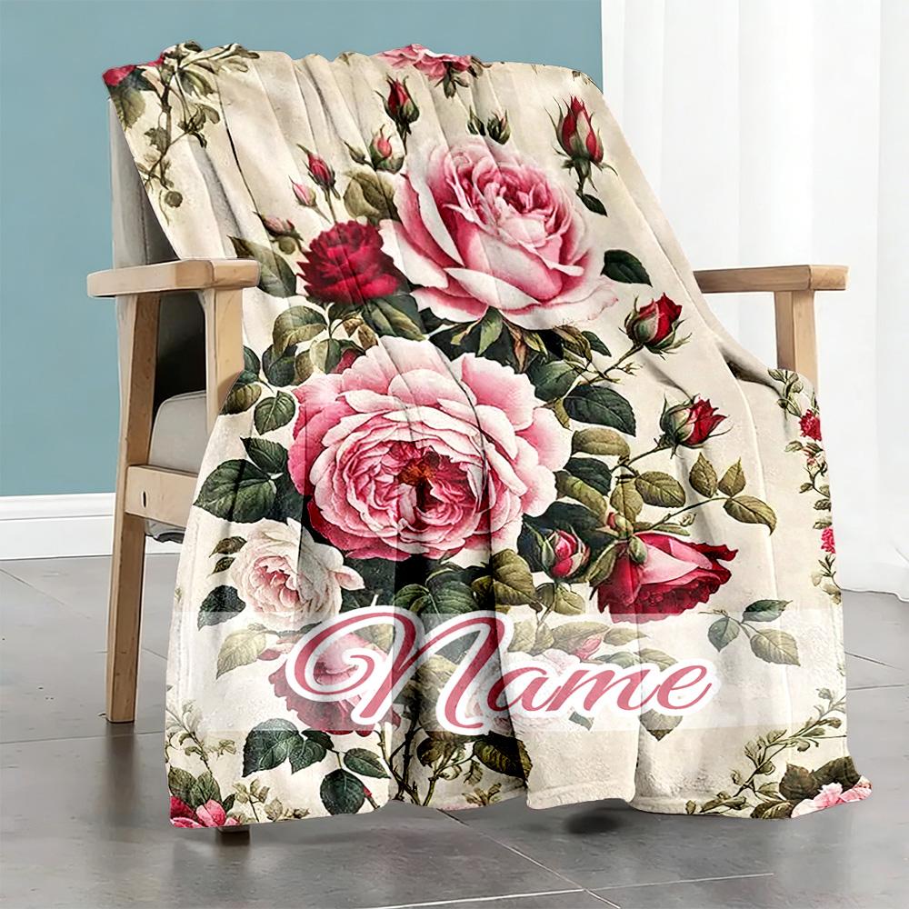 Retro Peony Style Personalized Name Blanket Gift Customizable Blanket Soft & Cozy Suitable for Living Room Seaside Couch Sofa Four Seasons Universal