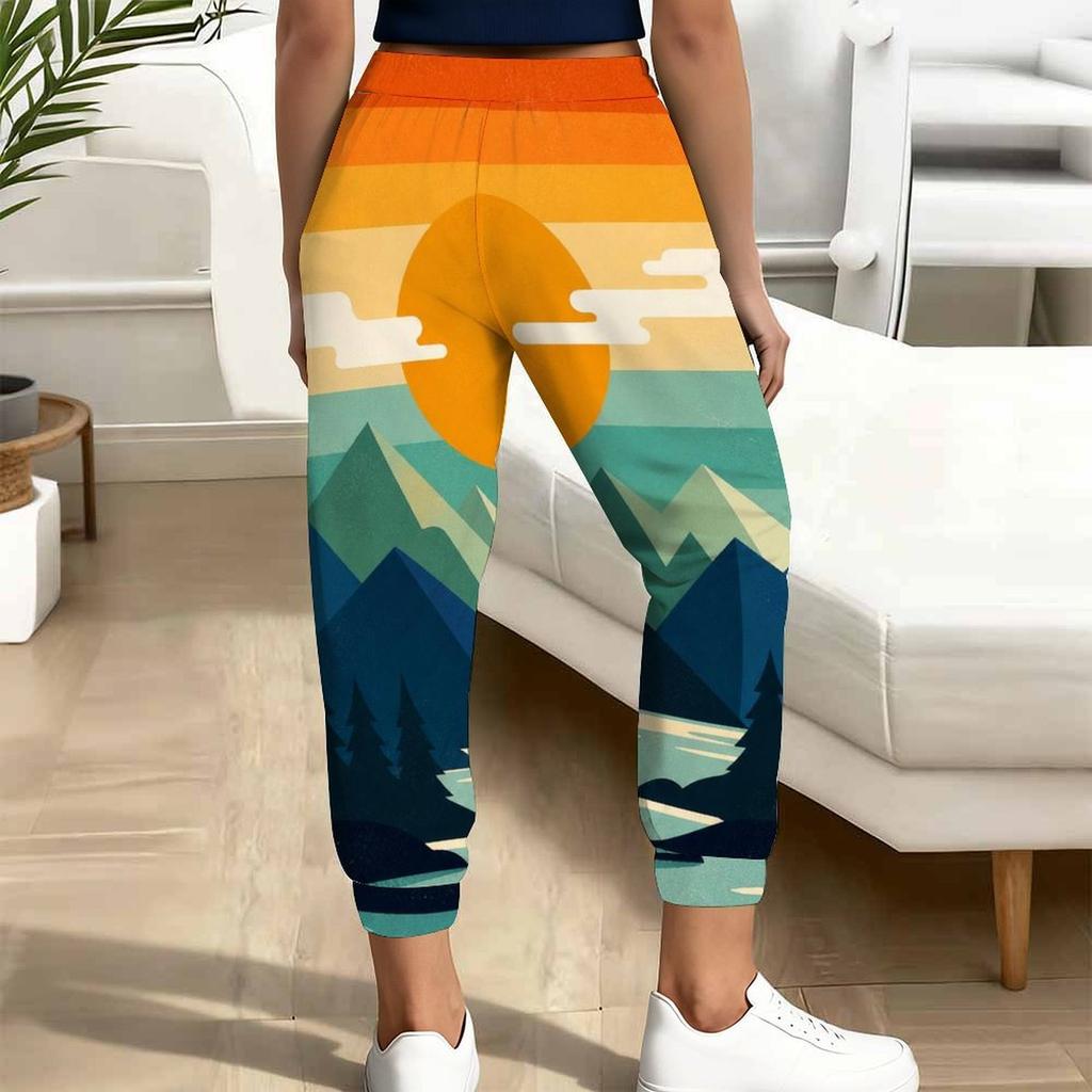 Women Plus Size Cartoon Printed Drawstring Waist Side Pockets Cuffed Ankle Jogger Pants