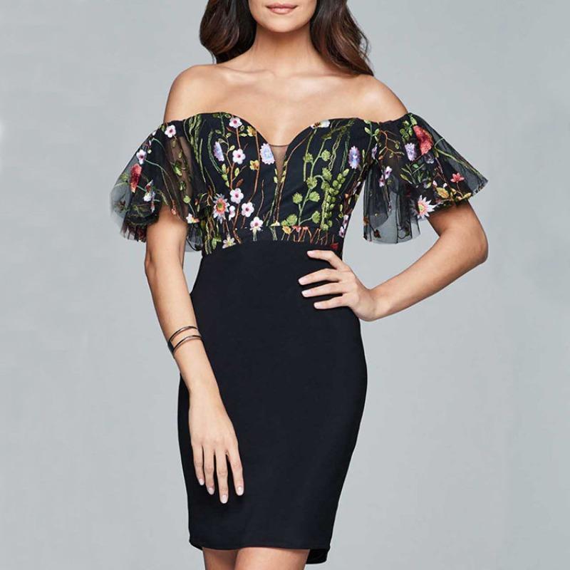 New women s dress mesh embroidered sexy lace-up dress S чёрный