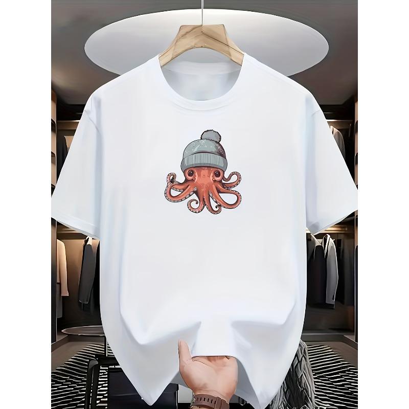 Men'S Casual Short Sleeve T-Shirt - Summer Round Neck Tee, Random Cute Squid Design, Machine Washable