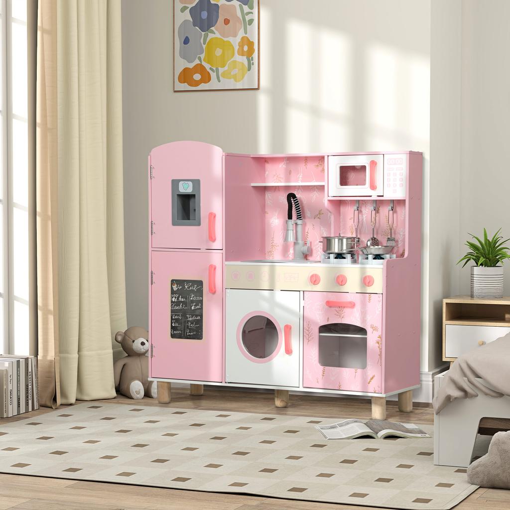 Children's Kitchen, Ice Cubes, Microwave, Oven, Hob, Sink, Washer, 90 x 33.3 x 91.6 cm, Pink