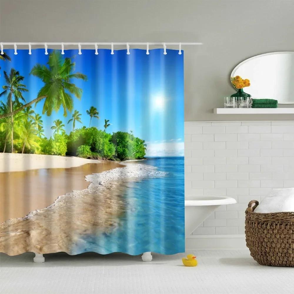 Modern Shower Curtains Bathroom Curtain Scenic City Beach Bath Curtain Frabic Waterproof Polyester With Hooks
