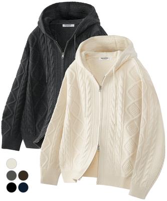 UNTAPPED STUDIO Oversized 2-Way Aran Cable Knit Zip-Up Hoodie 5 Colors