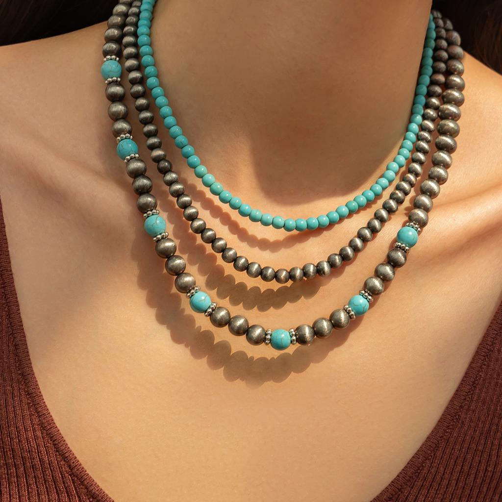 Retro And Old Ancient Silver Ccb Round Bead Necklace Female, Ethnic Style Multi-Layer Stacked Turquoise Beaded Necklace