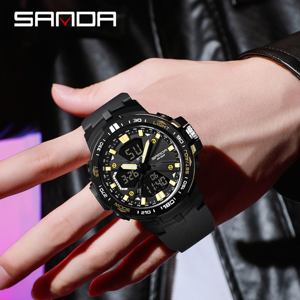 SANDA Men Watch Military Sport Quartz Digital LED Wristwatch Top Brand Luxury Stopwatch Waterproof Male Electronic Clock 3333