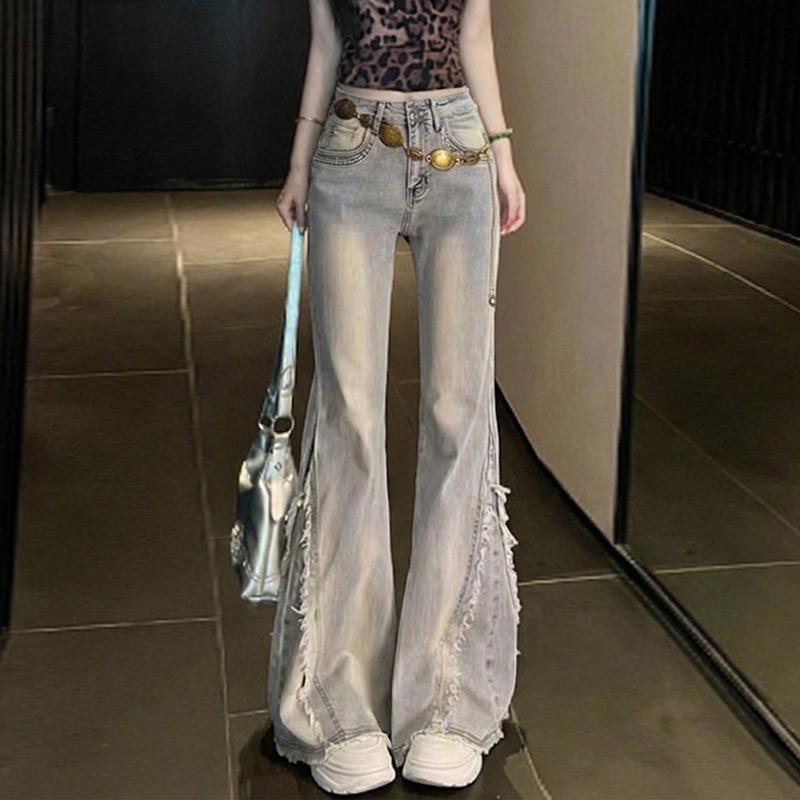 2025 Autumn/Winter High-End Retro Spicy Girl Micro-Flare Patchwork Raw Hem Slimming Jeans for Women S