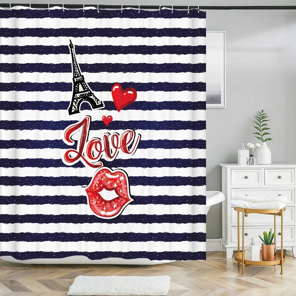 Love Heart Shower Curtain Romantic Red Pink Sexy Lips Waterproof Print Heart Pattern Bathroom Bathtud Decor Fabric With Hooks