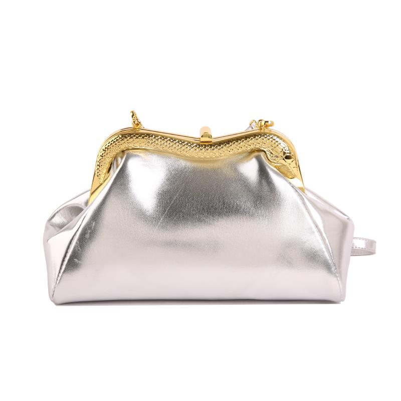 

2026 New Vintage Clip Soft Solid PU Leather Clutch Purse Elegant Metal Frame Shoulder Bag Trendy Evening Party Handbag for Women срібний