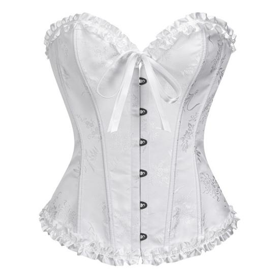 Women Corset Top Shapewear Waist Cincher Gothic Overbust Strapless Bra Ruffle Trim Lace-up Boned