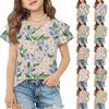 Mädchen V-Ausschnitt Kurzarm Blumenprint T-Shirt Lässiges Rüschenärmel-Shirt Leichtes Atmungsaktives Sommeroberteil für Kinder