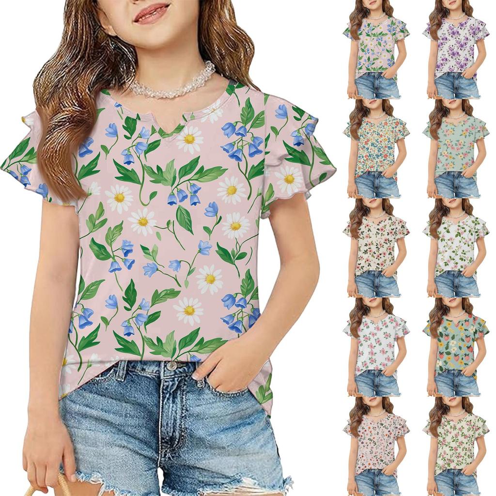 Meisjes V-hals Korte Mouw Bloemenprint T-shirt Casual Ruchemouw Shirt Lichtgewicht Ademend Zomer Topje voor Kinderen