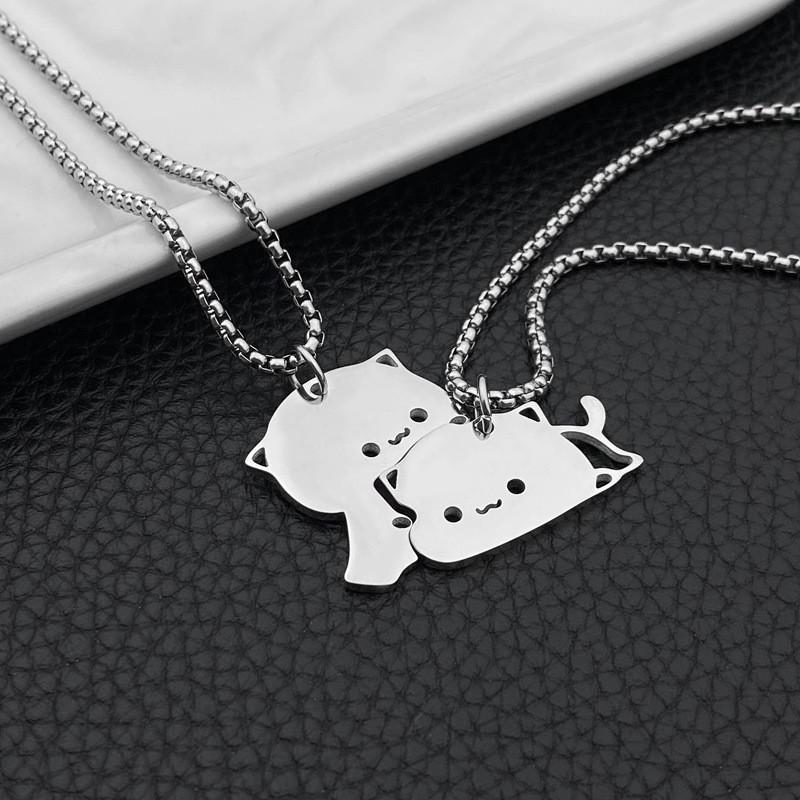 2PCS Stainless Steel Silver Color Ghost Cat Pendant Couple Necklace For Women Men Fashion Best Friend Clavicle Chain Necklaces