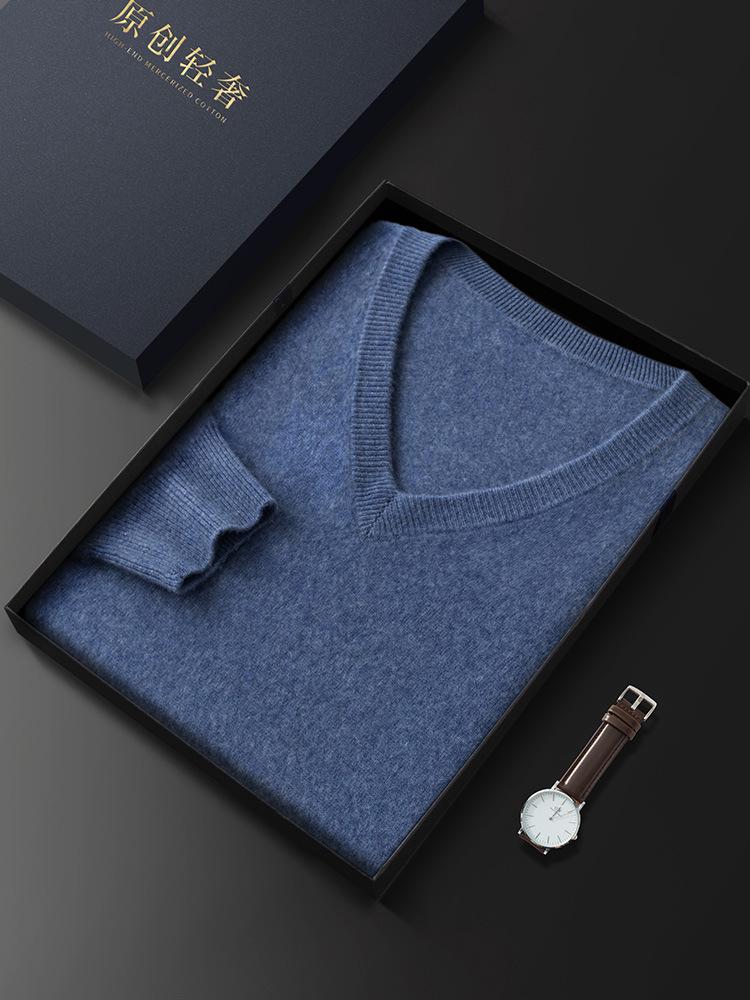 Men's V-Neck Cashmere Sweater: Loose Fit, Solid Color, Business Casual Pullover for Autumn and Winter