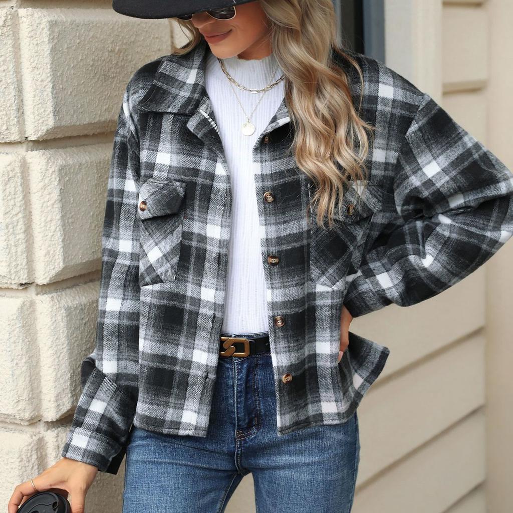 HNXC Moda damska Casual Jesień Zima Kratka Nadruk Długi Rękaw POLO Kardigany