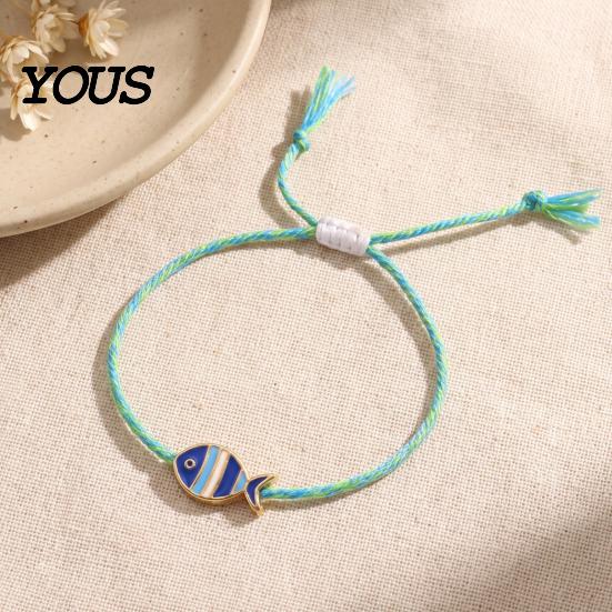 Beach Trip Photo Prop Jewelry Colorful Small Fish Handmade Braided Bracelet, Boho Cute Woven Cotton Rope String Adjustable Summer Wristband for Women