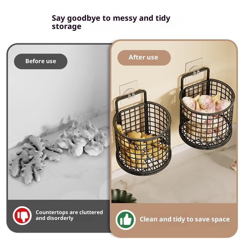 1/2/3 Grid Wall Mounted Kitchen Shelf Organizer Metal Rack Pantry Storage Garlic Ginger Hanging Wire Basket Holder