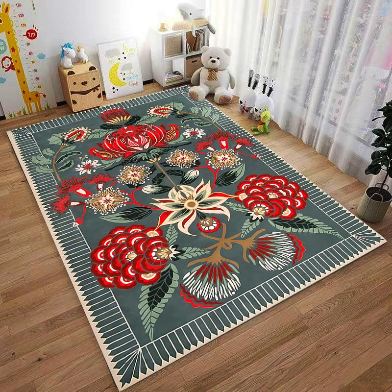 Floral Pattern Carpet with Red Blossoms and Green Leaves for Home Decor Suitable for use as an anti-slip for living room bedroom sofas