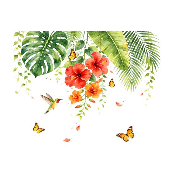 Tropical Hawaiian Wall Sticker Green Palm Leaves Hibiscus Flower Butterflies