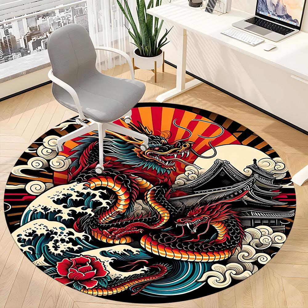 1PC Dragon Wave Design Office Round Rug, Non slip, Soft and Durable Office Rug for Interior Decoration, Perfect for Office