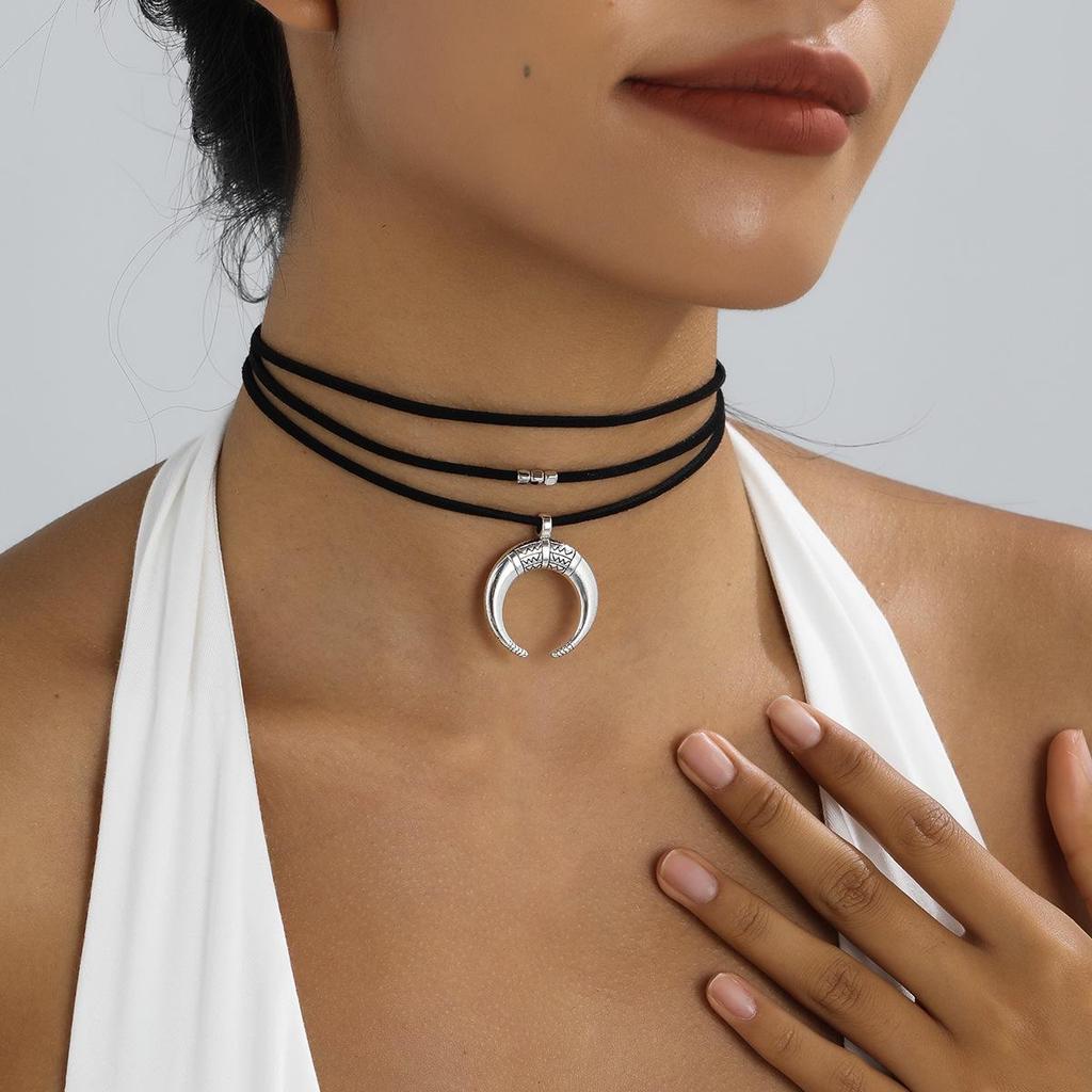 Vintage Crescent Moon Multi-layer Suede Choker Necklace