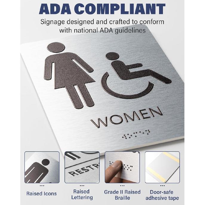 ADA-Mark Modern Restroom Sign for Business - 2PK ADA Compliant Braille Bathroom Sign with Easy tallation - 6" W x 8" H