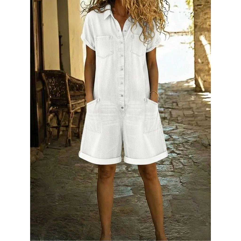Women's Lapel Short Sleeve Button Down Multi Pocket Cuffed Hem Denim Romper Jumpsuit