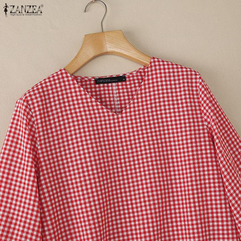 ZANZEA Women Grid Print Casual V-Neck 3/4 Sleeve Blouse
