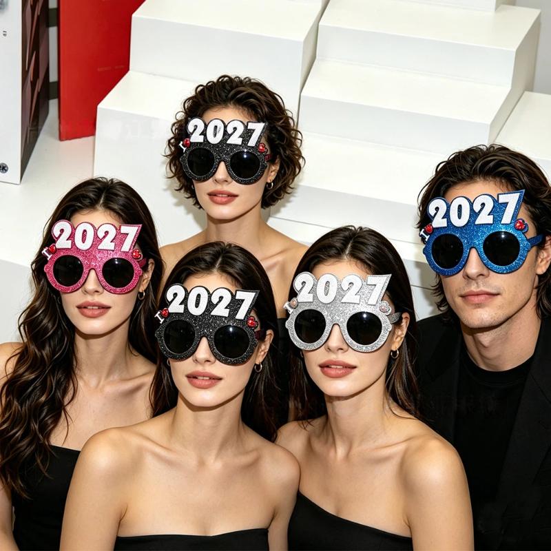 Óculos com Número 2027 Óculos de Feliz Ano Novo Óculos de Sol com Glitter de Diamante Adereço de Cosplay Decoração de Festa de Natal Óculos Engraçados