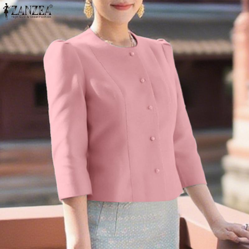 ZANZEA Women Casual Round Neck Solid Color 3/4 Sleeve Blouse