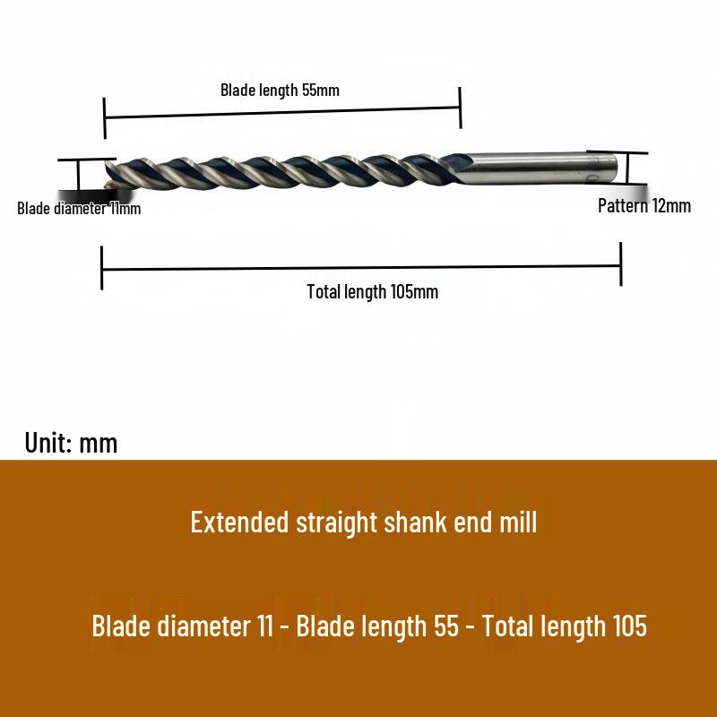 High-Speed Steel Extended Straight Shank Three-Flute End Mill, 2.5-10mm, White Steel