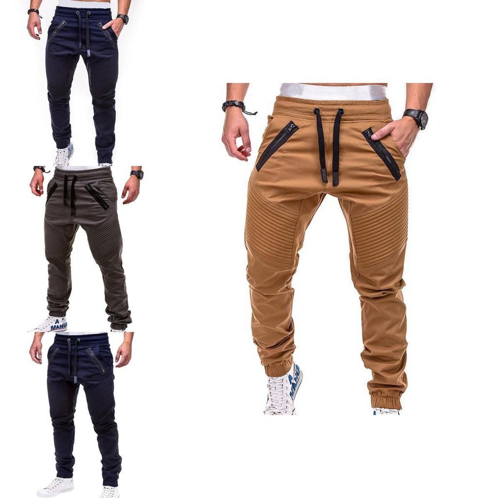 Men's Slim Fit Cuffed Trousers With Adjustable Waist And Multiple Pockets