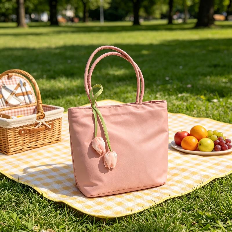 Casual Nylon Shoulder Tote Bag Lovely Tulip Pendant Lightweight Large Capacity Women Handbag for Commute Grocery Shopping