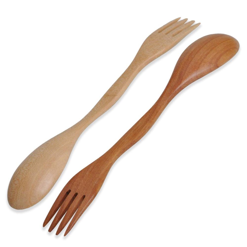 Cutlery Dinner Fruit Spoon Fork Natural Wood 2 In 1 Dual Head