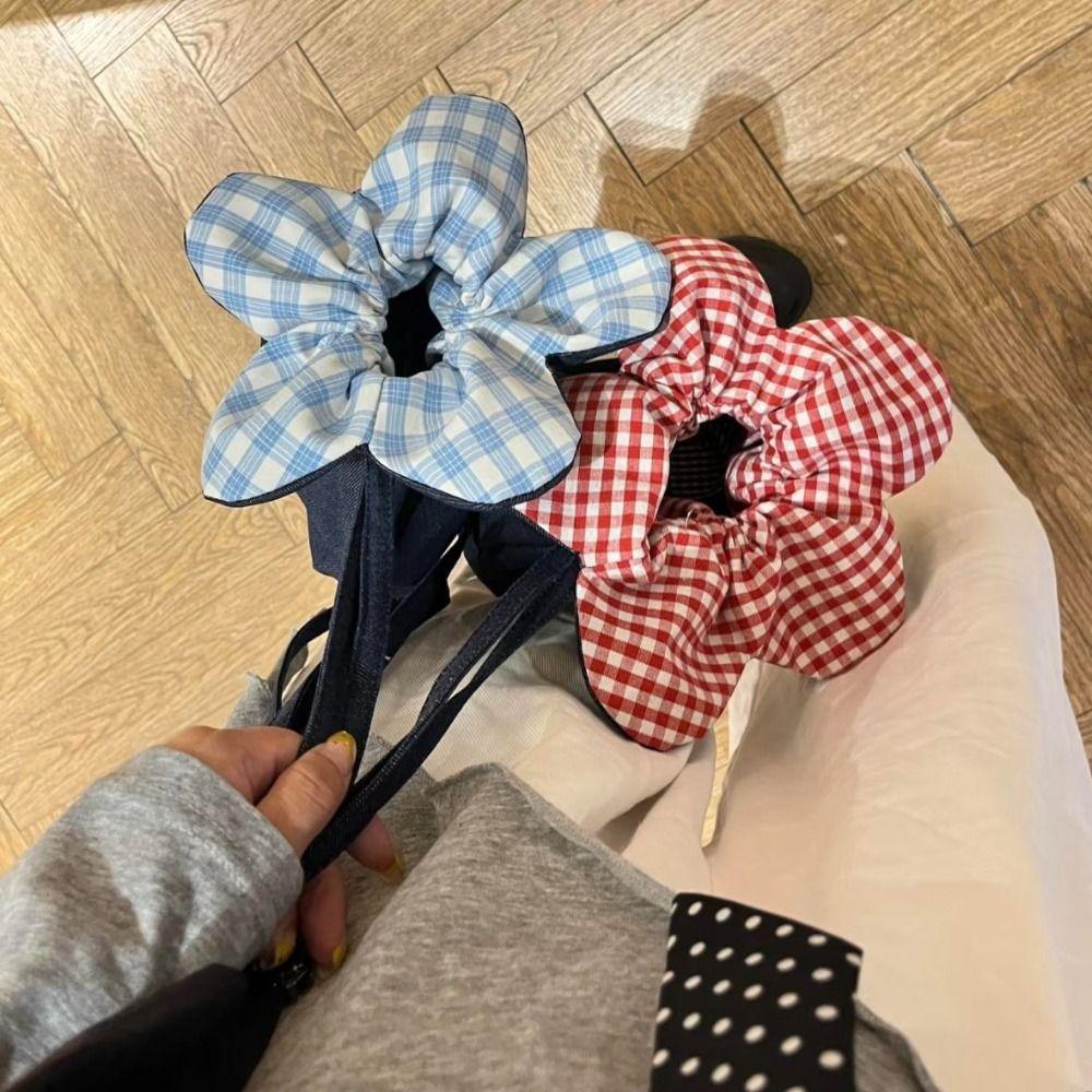 Cloth Flower Drawstring Bag Plaid Bundle Pocket Lightweight ins Shoulder Bag  Outdoor