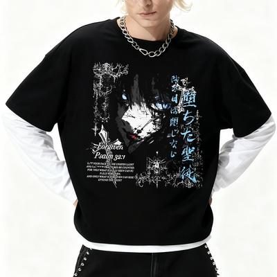 Long-Sleeve T-Shirt, Dark Gothic Anime Print, Color-Blocked, Streetwear, Hip-Hop, Loose Fit, Unisex Top