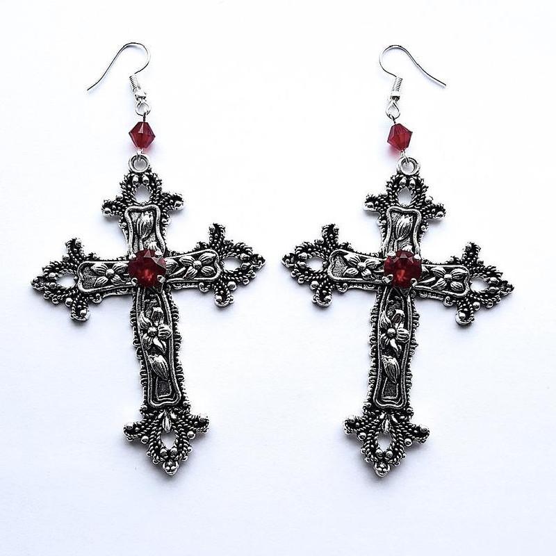 Goth Large Detailed Cross Black Drill Jewel Earrings Silver Color Gothic Punk Jewellery Fashion Gorgeous Statement Women Gift