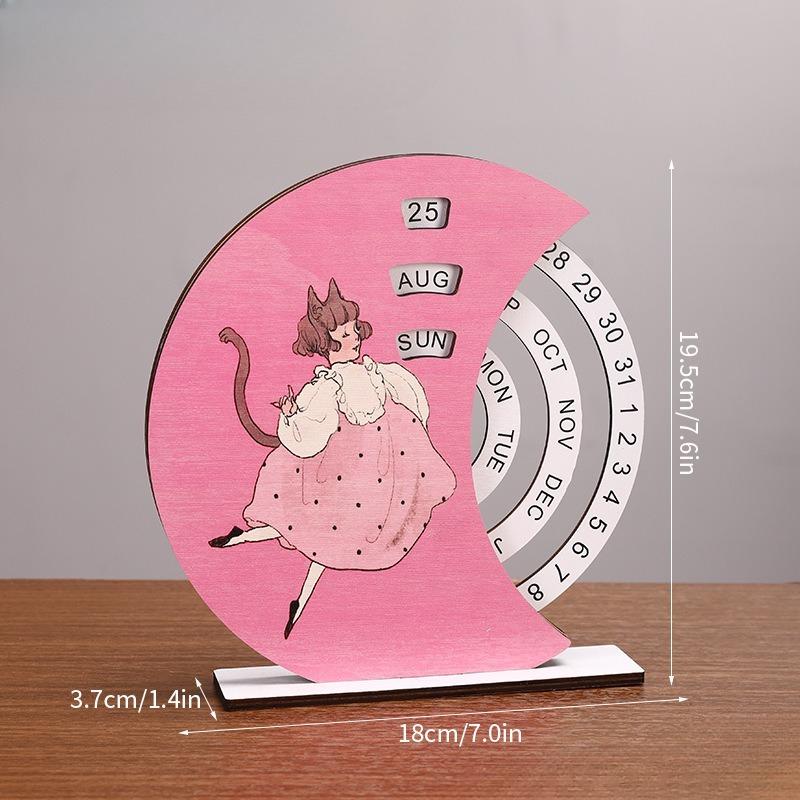 

Creative New Wooden Rotating Desktop Calendar Ornament Cartoon Cute Fun Turntable Display Desk Calendar Perpetual Calendar